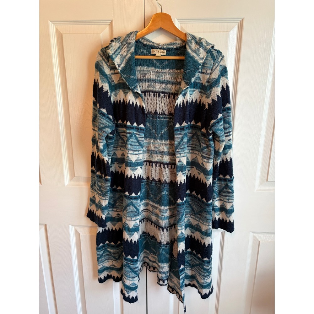 Live and Let Live Teal Navy Southwestern Hooded Open Front Cardigan Sweater XL